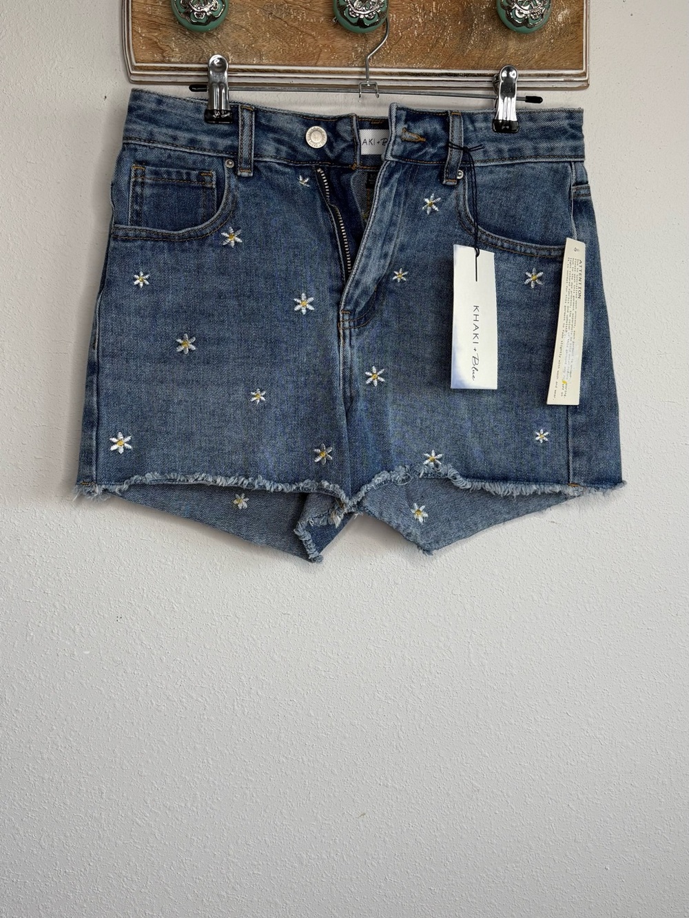 Khaki Floral Embroidered Blue Denim Jean Shorts